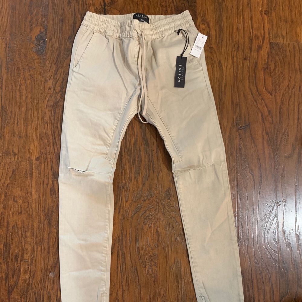 PACSUN Drop Skinny Destroy Knee Khaki Jogger Pants